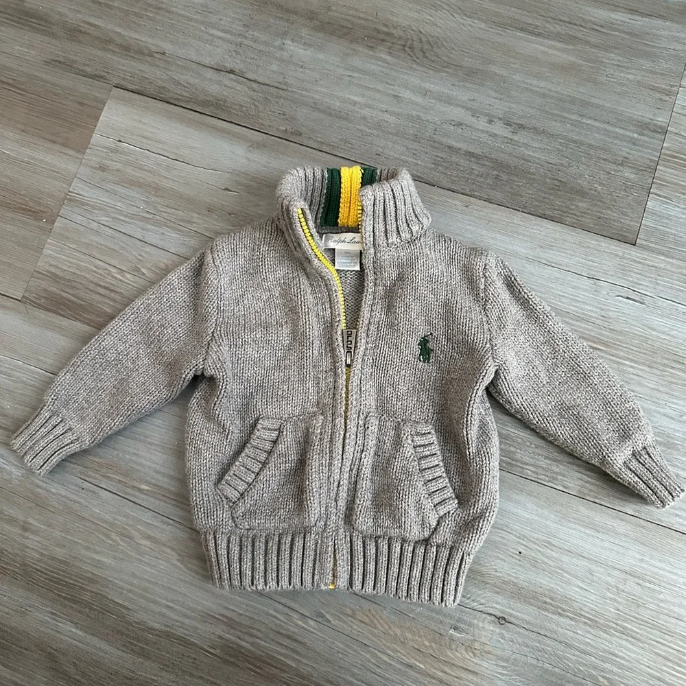 Ralph Lauren Full Zip Sweater Baby Boys' 6M‎ Andover Heather Pockets Long Sleeve